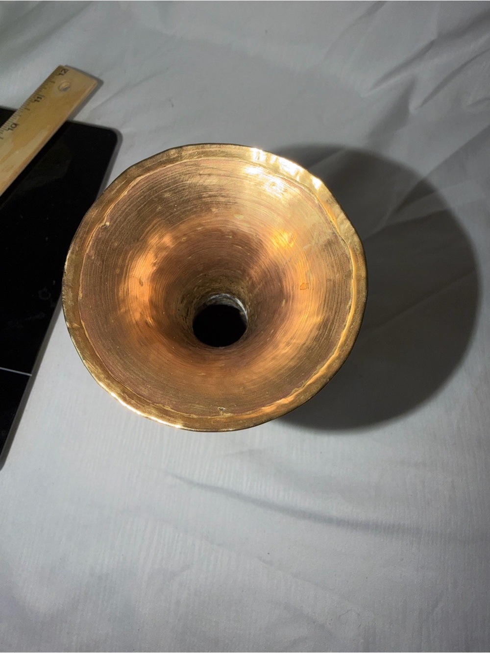 Vintage Etched Brass Trumpet Vase – Middle Eastern Floral & Calligraphy Style - Picture 8 of 9